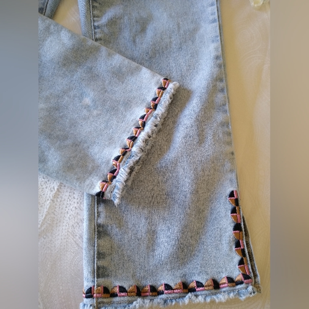 Tribal Embroidered Blue Frayed Hem Denim Jeans - 10